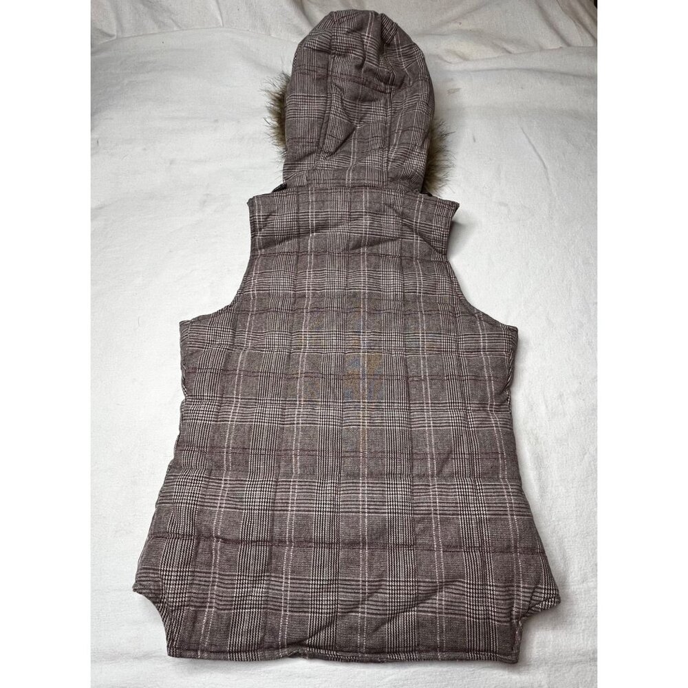 Charlotte Russe Plaid Puffer Vest Faux Fur Hood Brown S Snap Full Zip Pockets - Picture 2 of 16